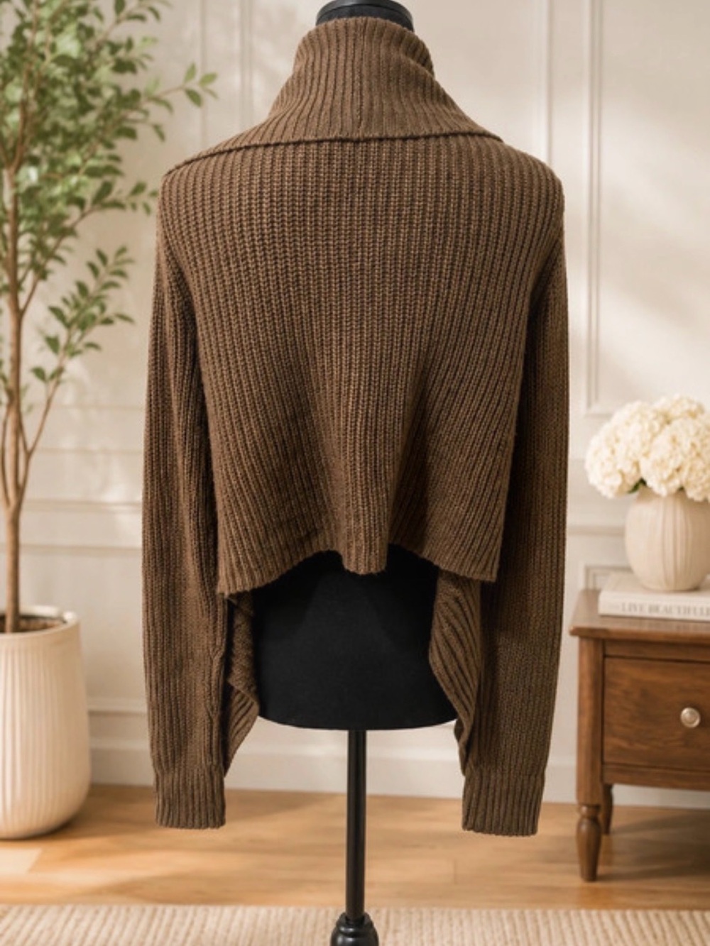 Express Brown Ribbed Draped Open-Front Cardigan - Picture 2 of 3